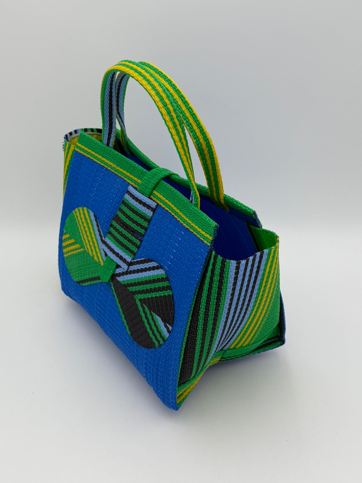 Lagoon Medium  handwoven tote bag by SCRUBIES in Blue,Green,Yellow,Black with Solid design and Bow accent pattern
