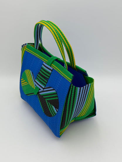 Lagoon Medium  handwoven tote bag by SCRUBIES in Blue,Green,Yellow,Black with Solid design and Bow accent pattern