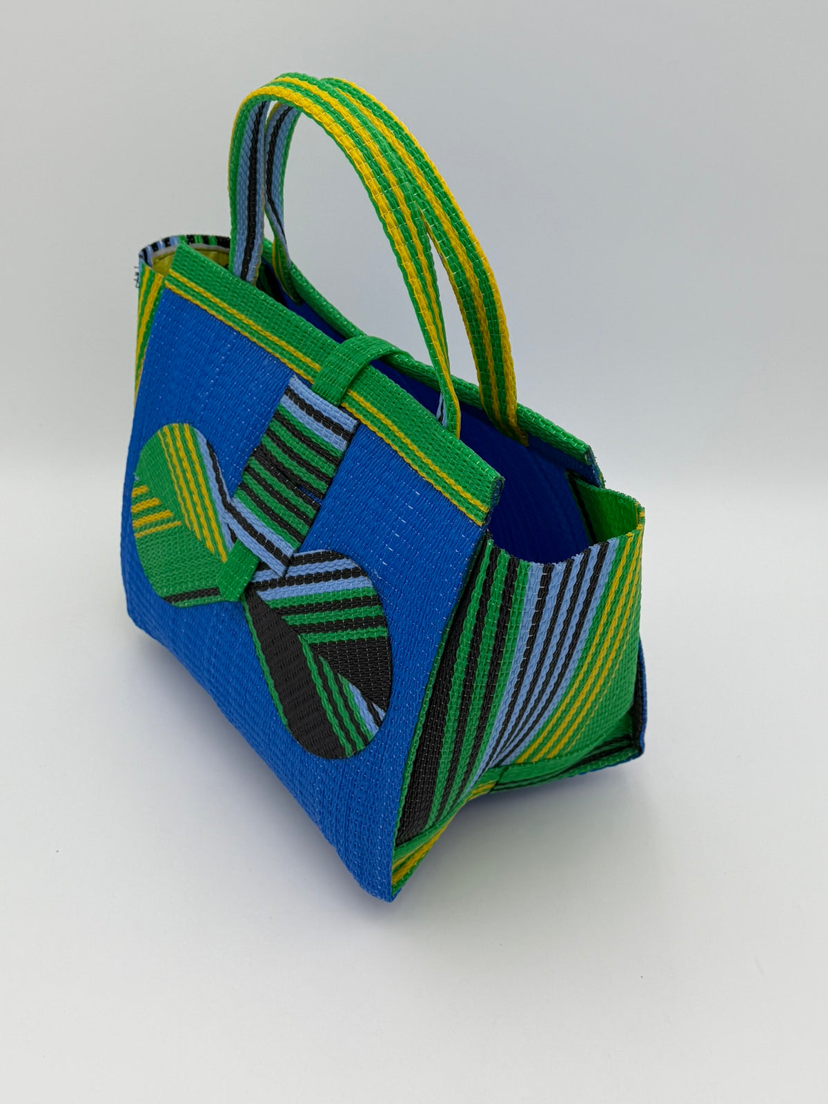 Lagoon Medium  handwoven tote bag by SCRUBIES in Blue,Green,Yellow,Black with Solid design and Bow accent pattern