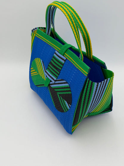 Lagoon Medium  handwoven tote bag by SCRUBIES in Blue,Green,Yellow,Black with Solid design and Bow accent pattern