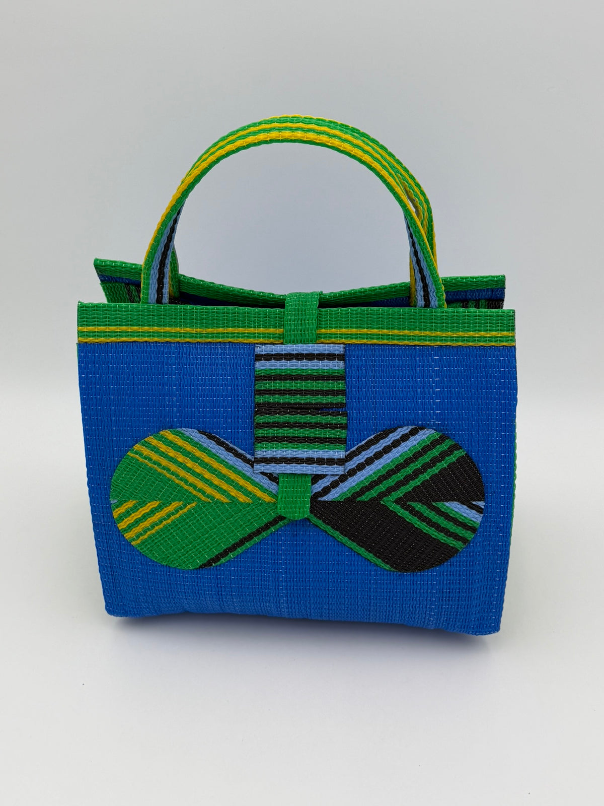 Lagoon Medium  handwoven tote bag by SCRUBIES in Blue,Green,Yellow,Black with Solid design and Bow accent pattern