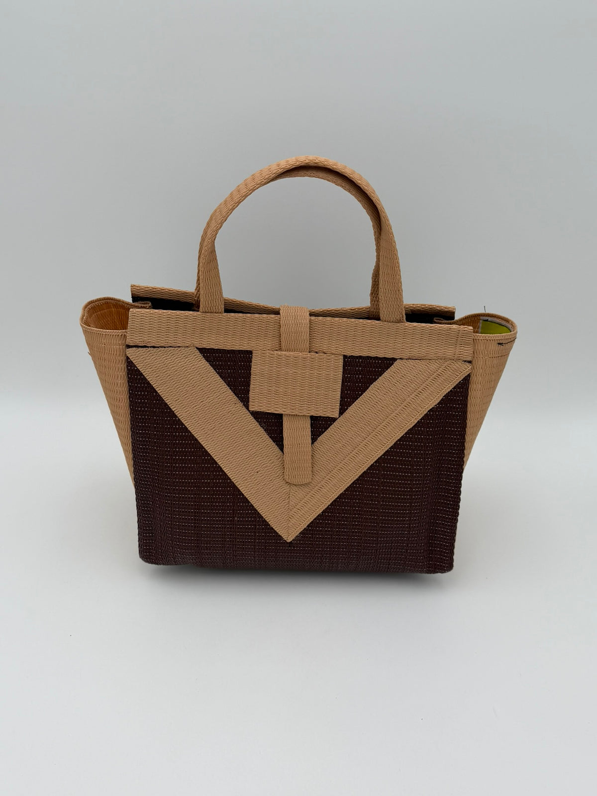 Chocolate Medium  handwoven tote bag by SCRUBIES in Chocolate,Beige with Solid design and Vee accent pattern