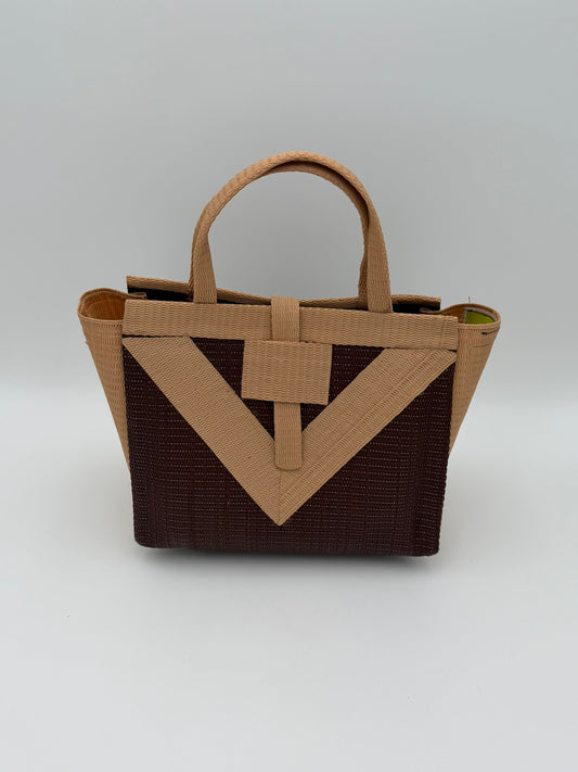 Chocolate Medium  handwoven tote bag by SCRUBIES in Chocolate,Beige with Solid design and Vee accent pattern