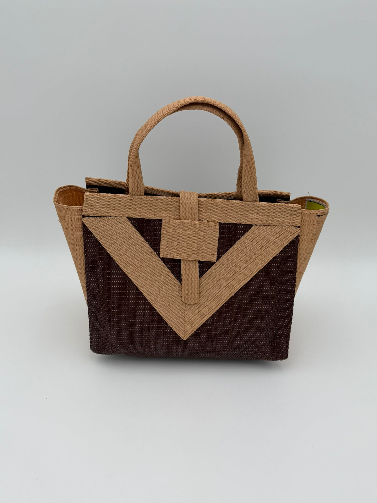 Chocolate Medium  handwoven tote bag by SCRUBIES in Chocolate,Beige with Solid design and Vee accent pattern