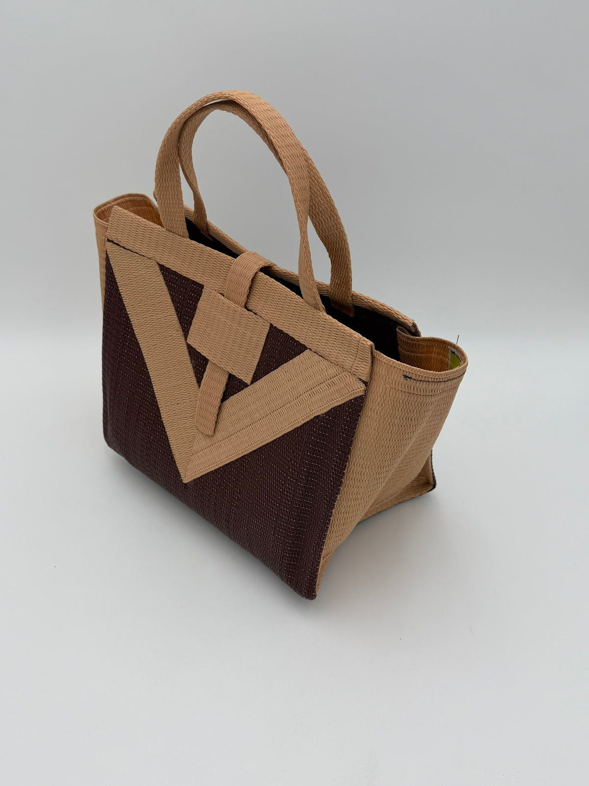 Chocolate Medium  handwoven tote bag by SCRUBIES in Chocolate,Beige with Solid design and Vee accent pattern