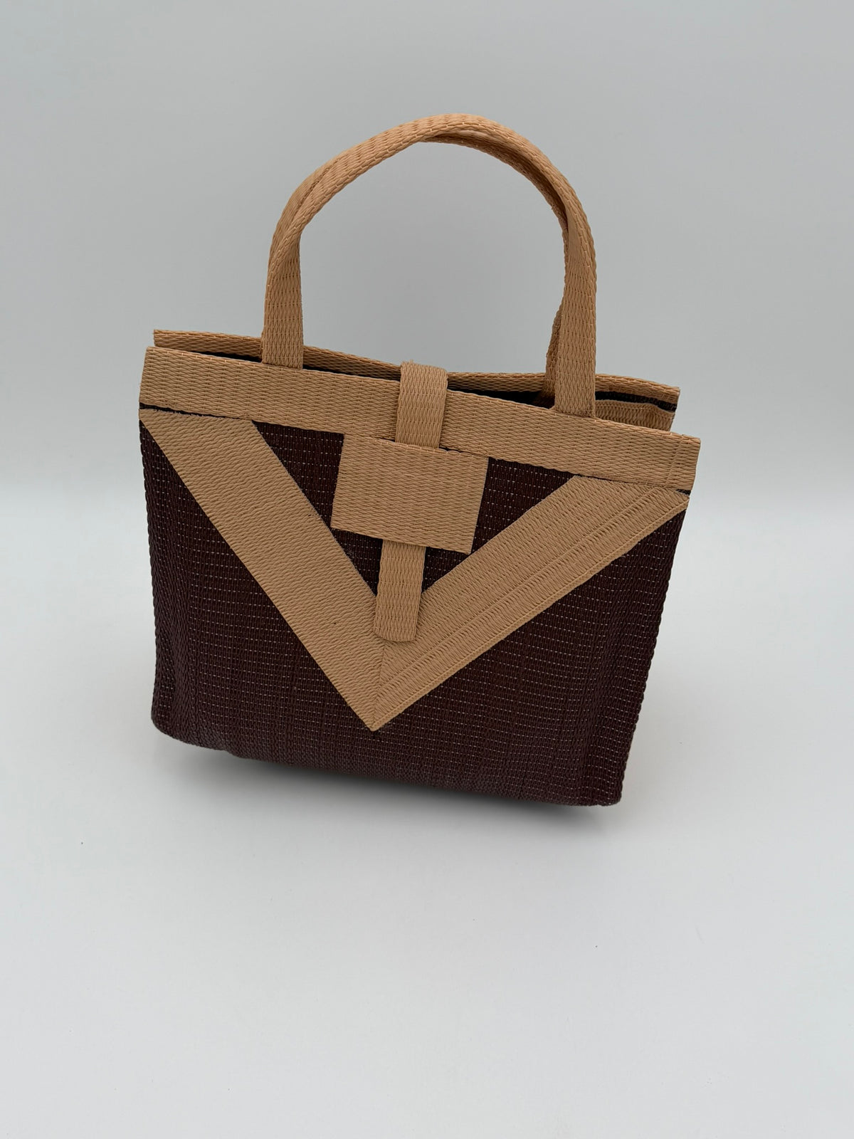 Chocolate Medium  handwoven tote bag by SCRUBIES in Chocolate,Beige with Solid design and Vee accent pattern