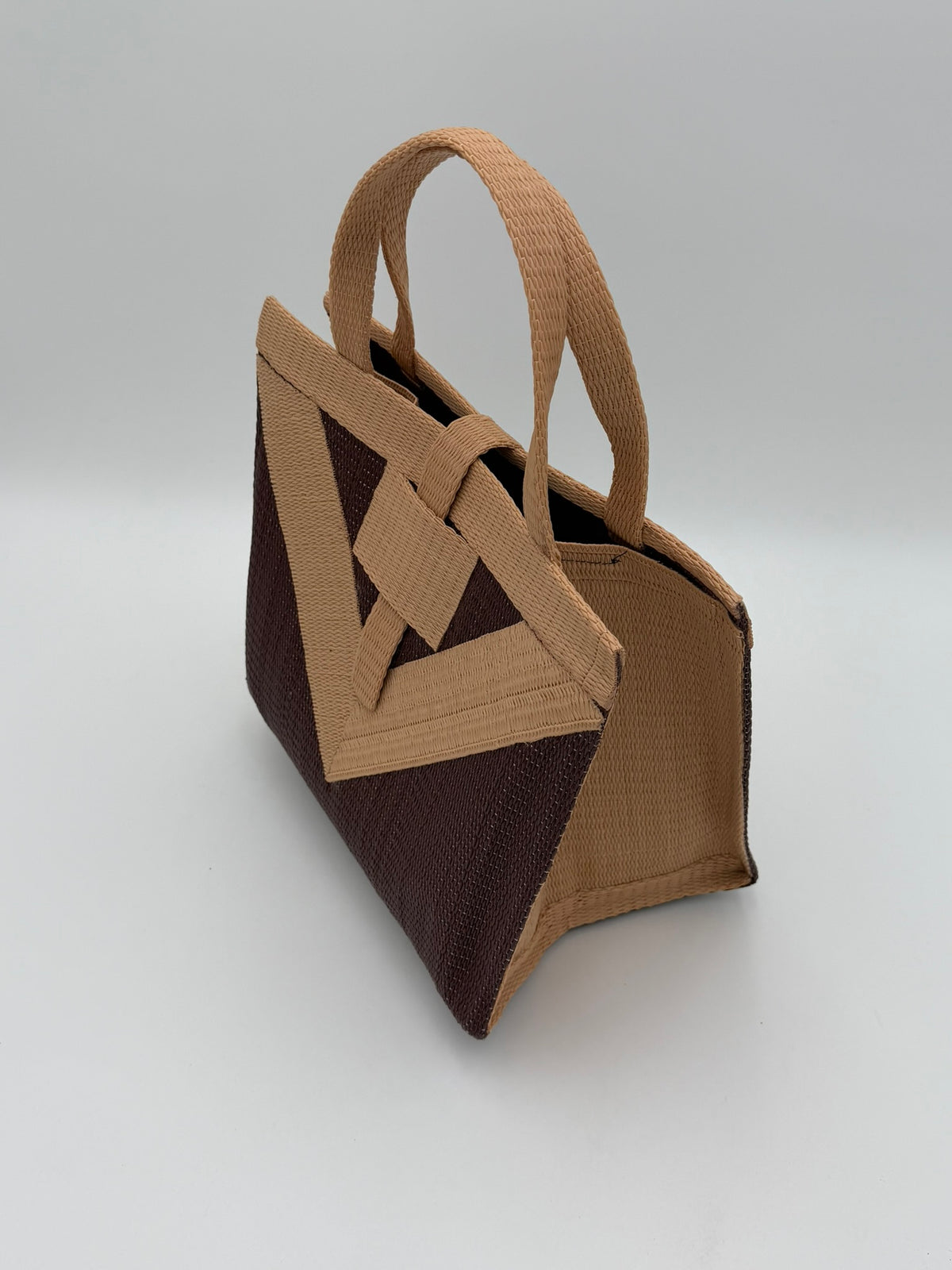 Chocolate Medium  handwoven tote bag by SCRUBIES in Chocolate,Beige with Solid design and Vee accent pattern