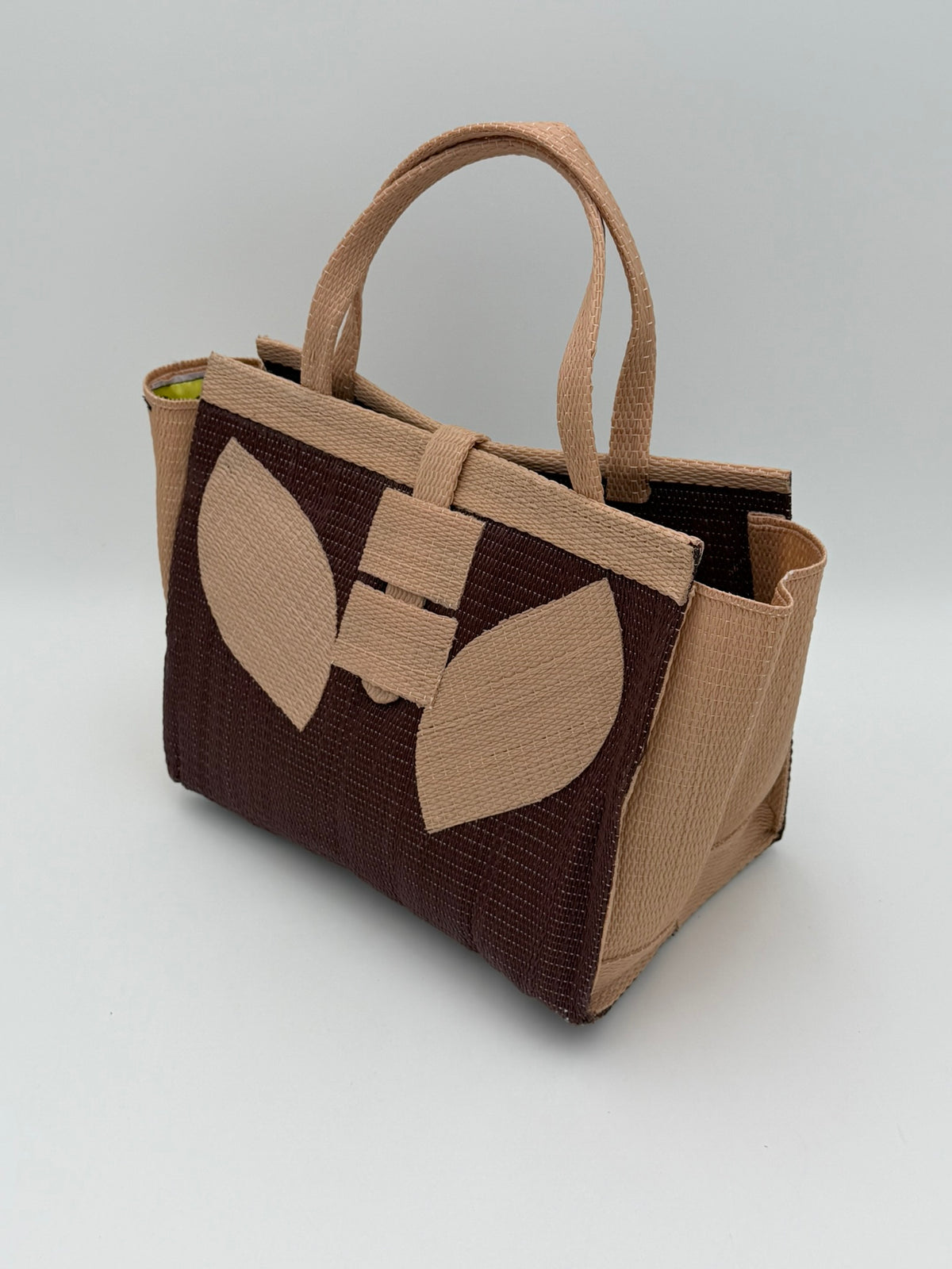 Chocolate Medium  handwoven tote bag by SCRUBIES in Chocolate,Beige with Solid design and Leaf accent pattern