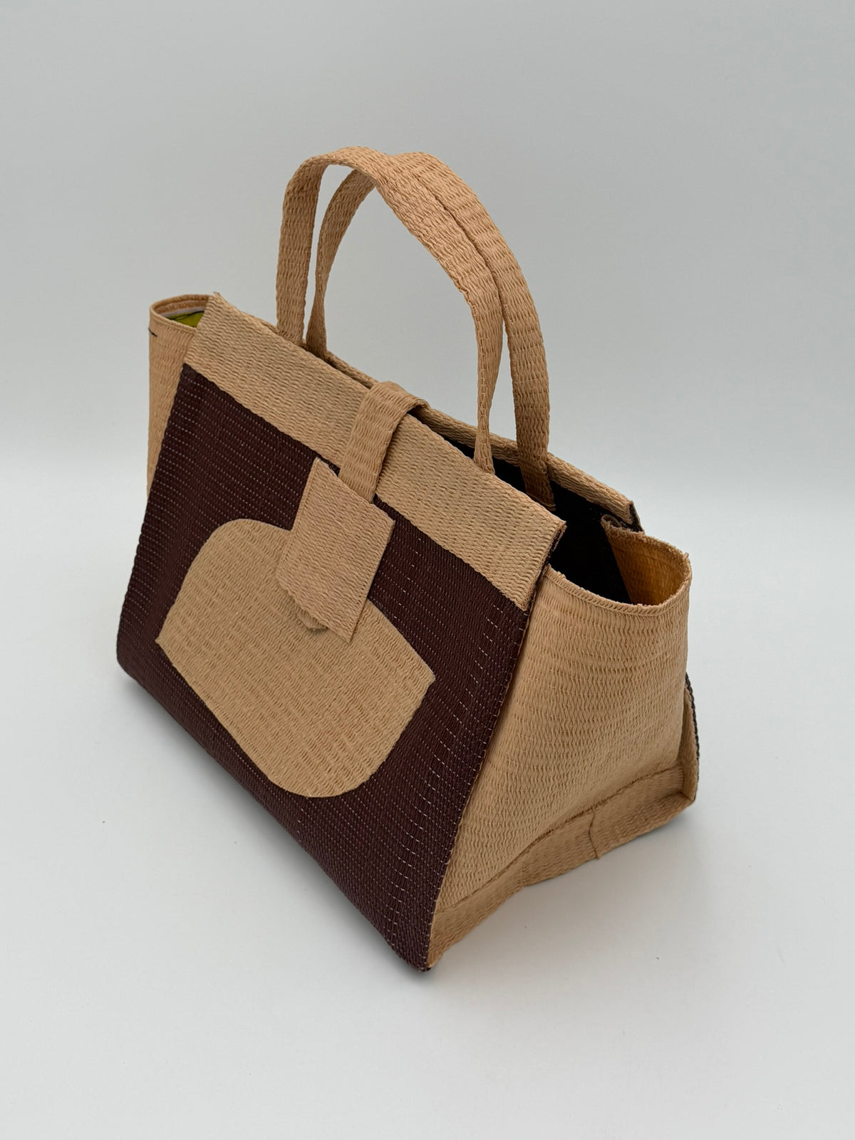 Caramel Medium  handwoven tote bag by SCRUBIES in Caramel,Brown with Solid design and Petal accent pattern