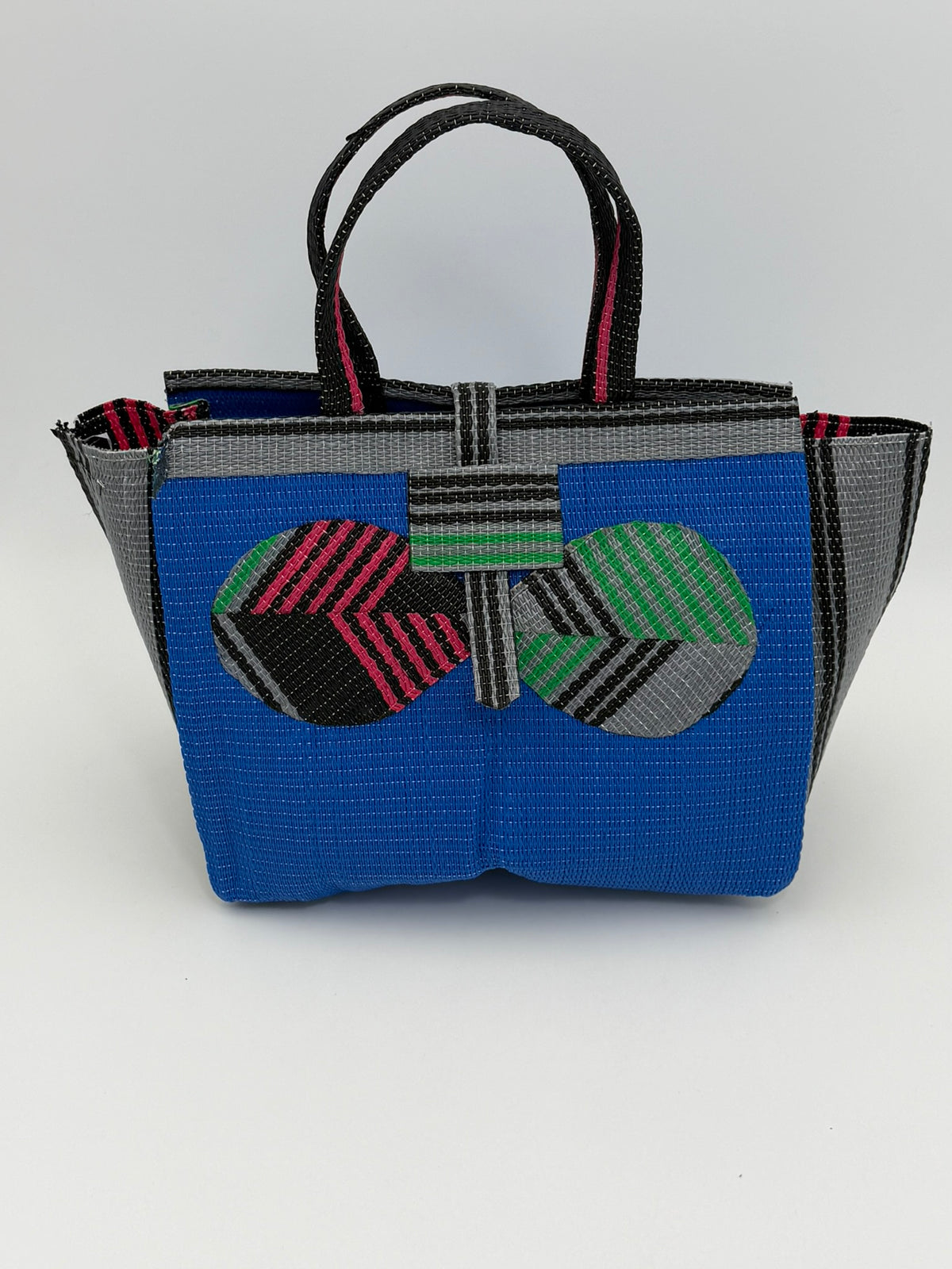 Lagoon Medium  handwoven tote bag by SCRUBIES in Blue,Gray,Black,Pink with Solid design and Bow accent pattern