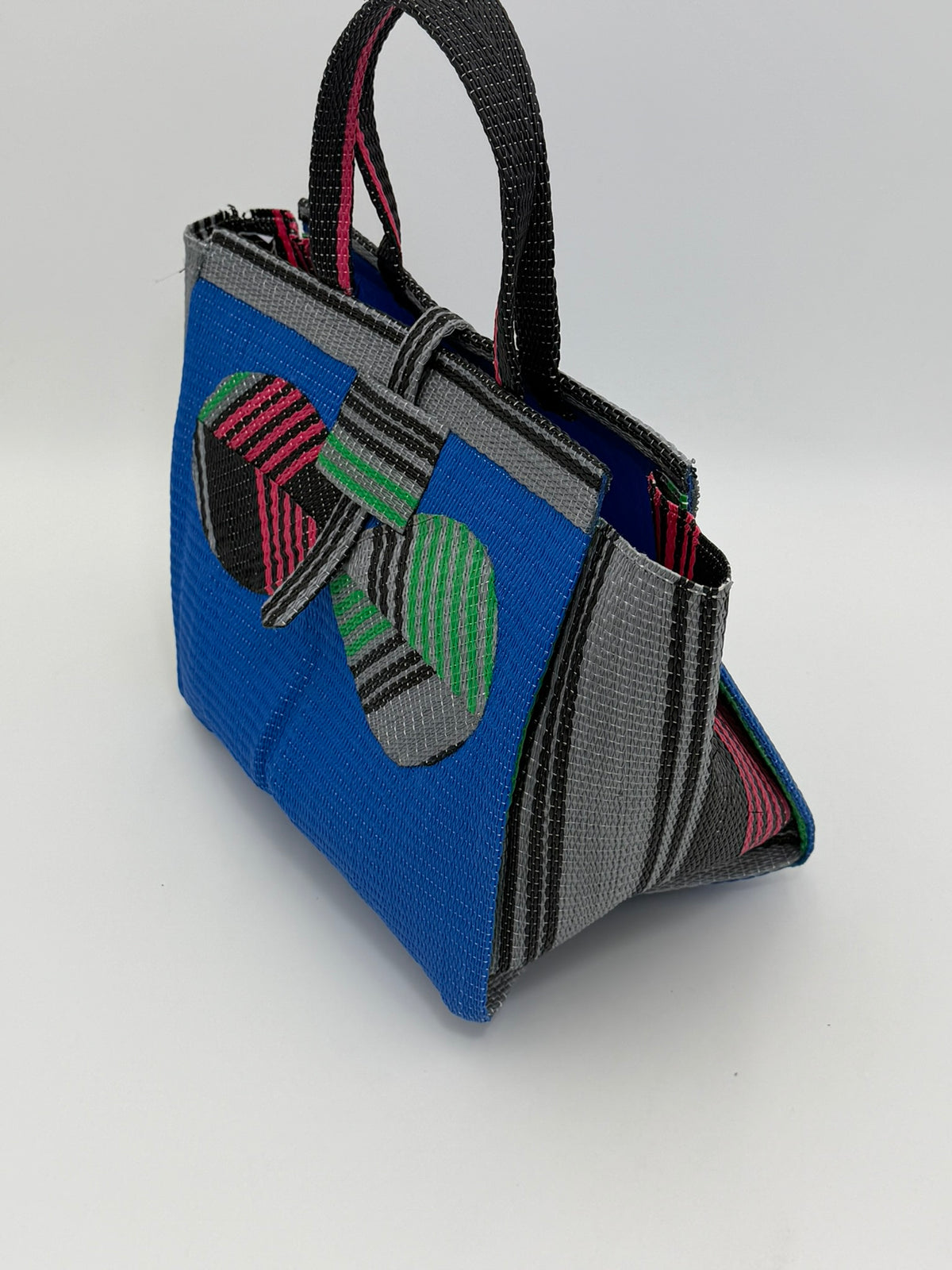 Lagoon Medium  handwoven tote bag by SCRUBIES in Blue,Gray,Black,Pink with Solid design and Bow accent pattern