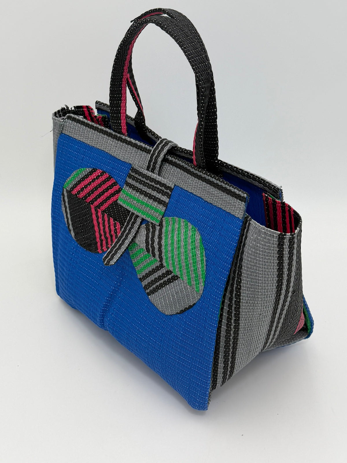 Lagoon Medium  handwoven tote bag by SCRUBIES in Blue,Gray,Black,Pink with Solid design and Bow accent pattern