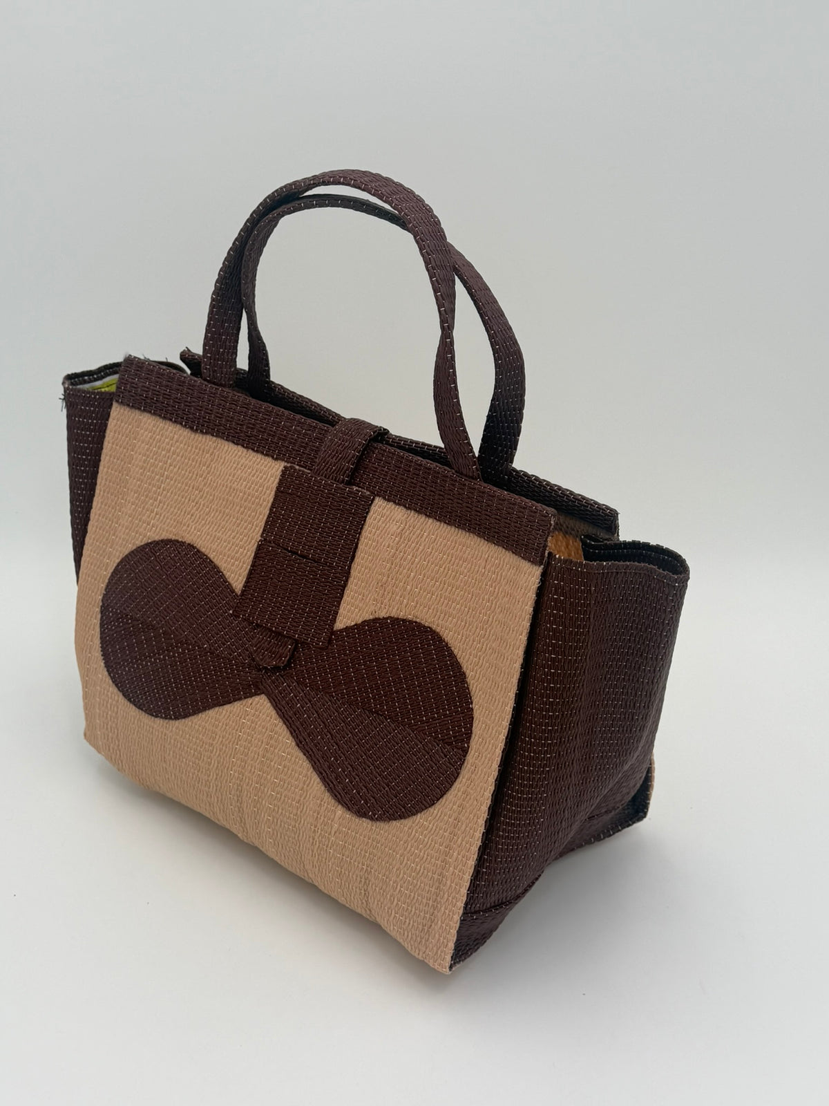 Caramel Medium  handwoven tote bag by SCRUBIES in Caramel,Brown with Solid design and Bow accent pattern
