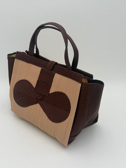 Caramel Medium  handwoven tote bag by SCRUBIES in Caramel,Brown with Solid design and Bow accent pattern