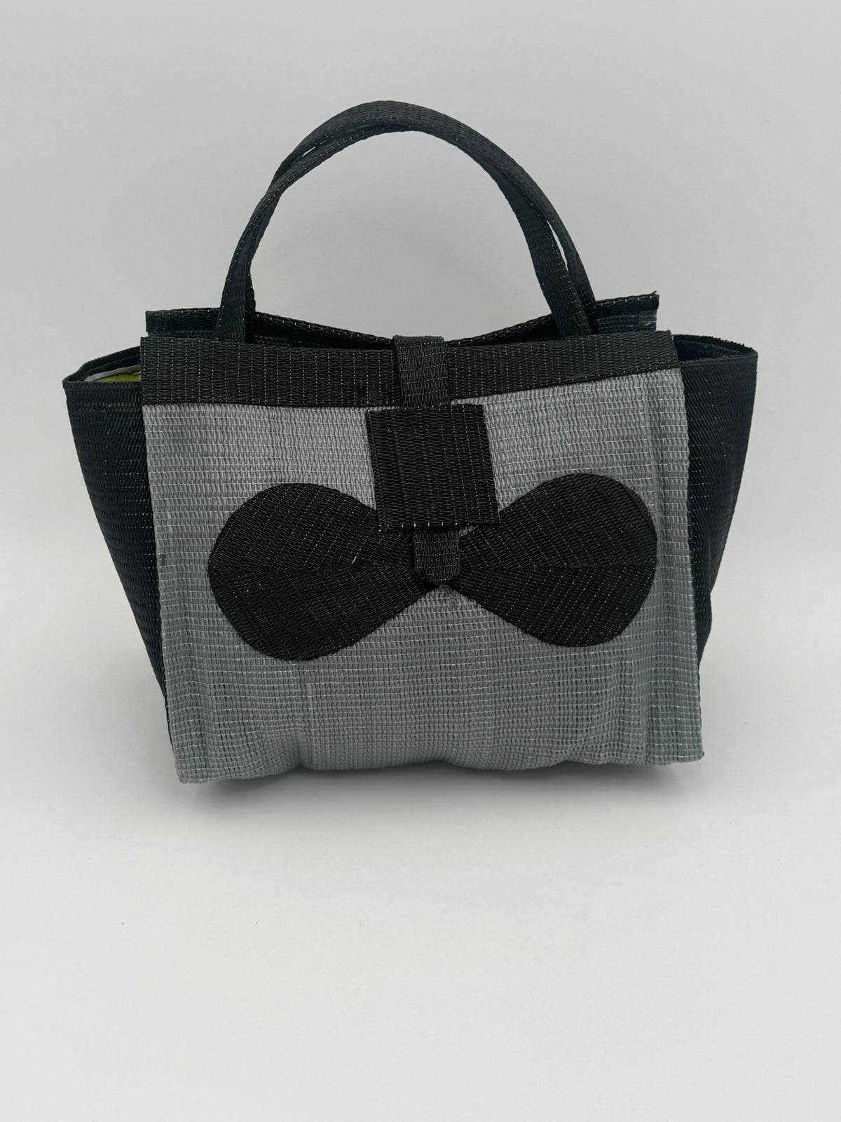 Silver Medium  handwoven tote bag by SCRUBIES in Gray,Black with Solid design and Bow accent pattern