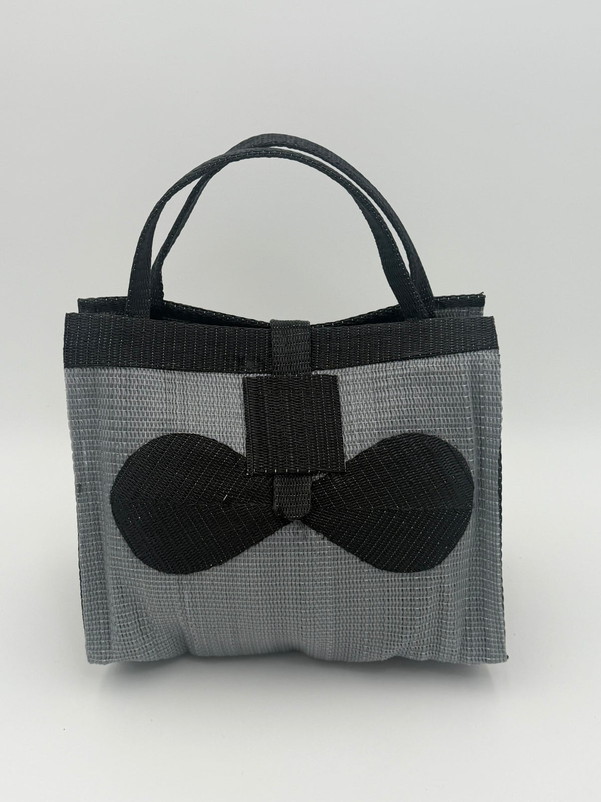Silver Medium  handwoven tote bag by SCRUBIES in Gray,Black with Solid design and Bow accent pattern