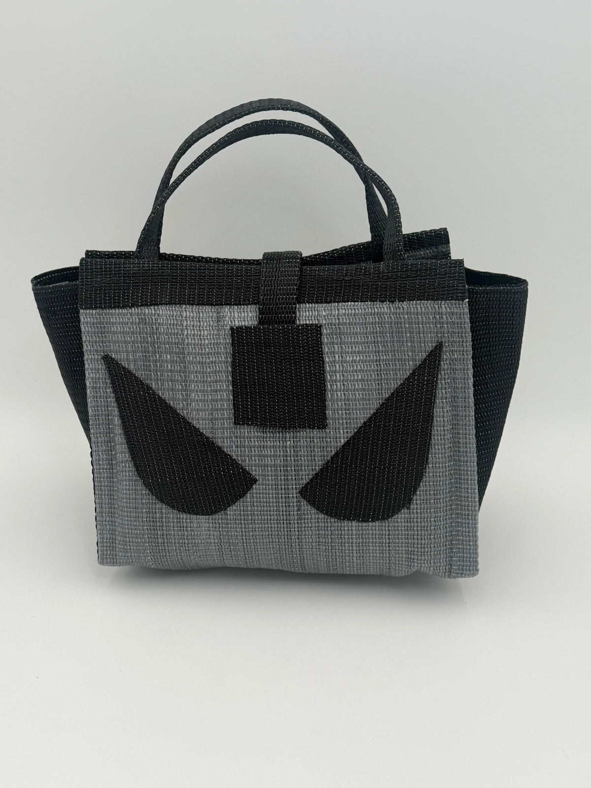Silver Medium  handwoven tote bag by SCRUBIES in Gray,Black with Solid design and Leaf accent pattern