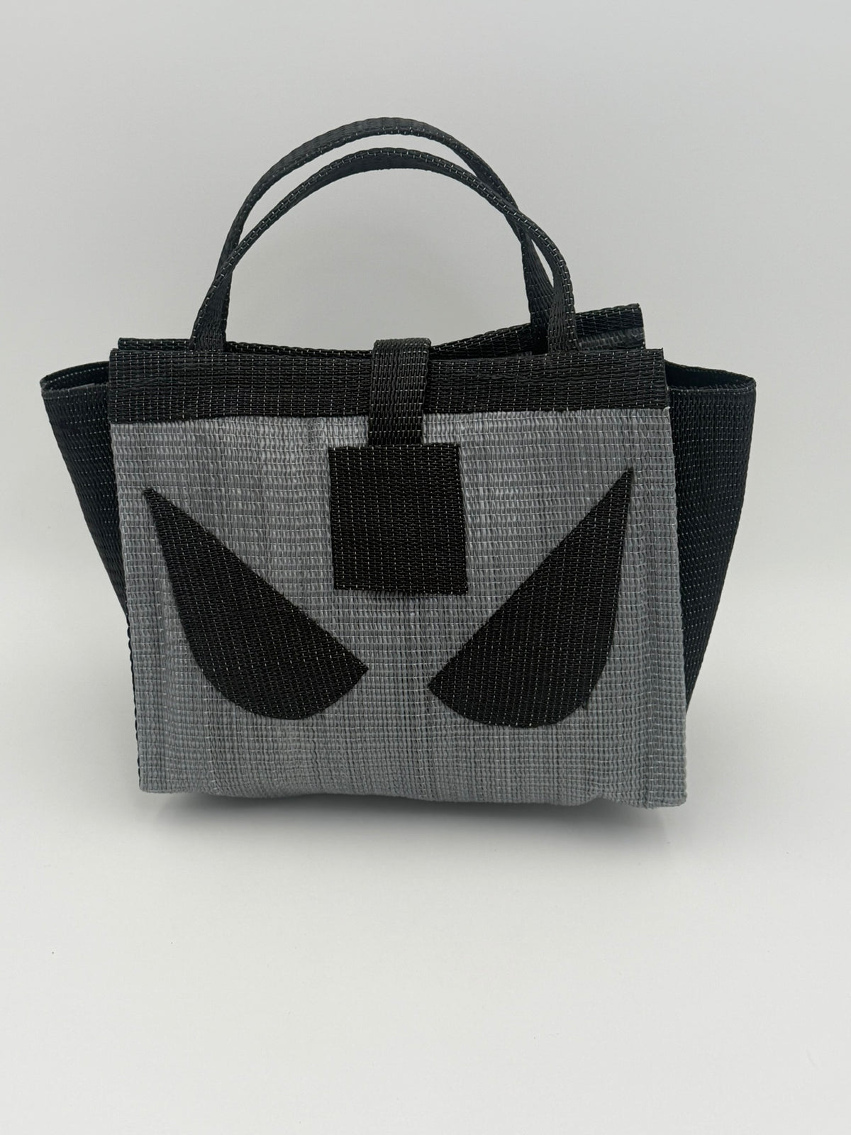 Silver Medium  handwoven tote bag by SCRUBIES in Gray,Black with Solid design and Leaf accent pattern