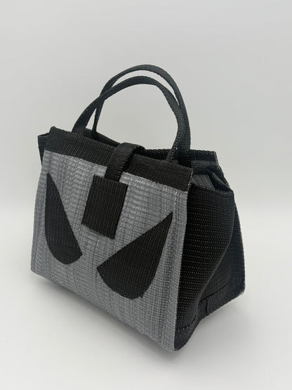 Silver Medium  handwoven tote bag by SCRUBIES in Gray,Black with Solid design and Leaf accent pattern