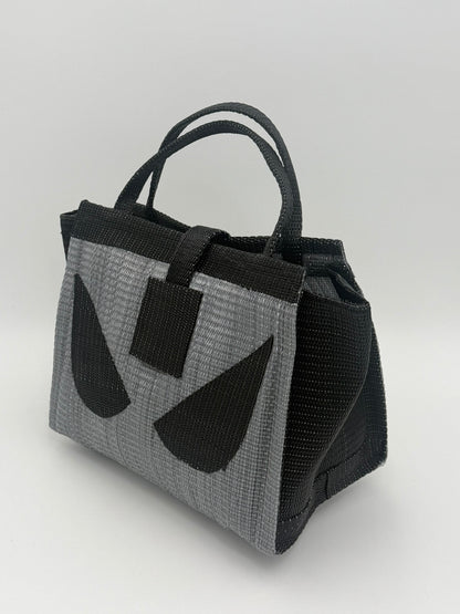 Silver Medium  handwoven tote bag by SCRUBIES in Gray,Black with Solid design and Leaf accent pattern