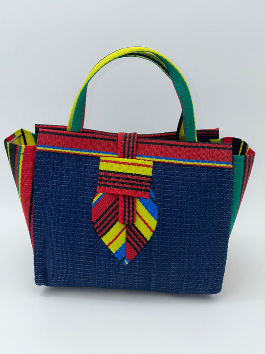 Berry Medium  handwoven tote bag by SCRUBIES in Blue,Red,Yellow,Green with Solid design and Leaf accent pattern