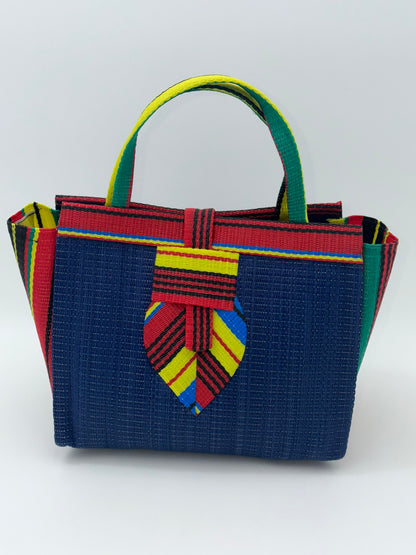Berry Medium  handwoven tote bag by SCRUBIES in Blue,Red,Yellow,Green with Solid design and Leaf accent pattern