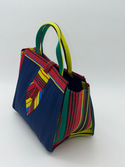 Berry Medium  handwoven tote bag by SCRUBIES in Blue,Red,Yellow,Green with Solid design and Leaf accent pattern