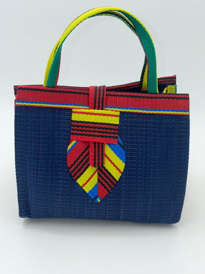 Berry Medium  handwoven tote bag by SCRUBIES in Blue,Red,Yellow,Green with Solid design and Leaf accent pattern