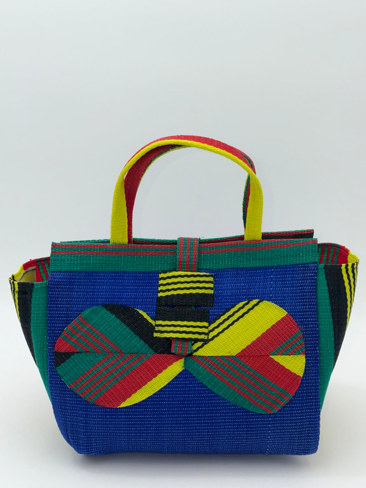 Berry Medium  handwoven tote bag by SCRUBIES in Blue,Red,Yellow,Green with Solid design and Bow accent pattern