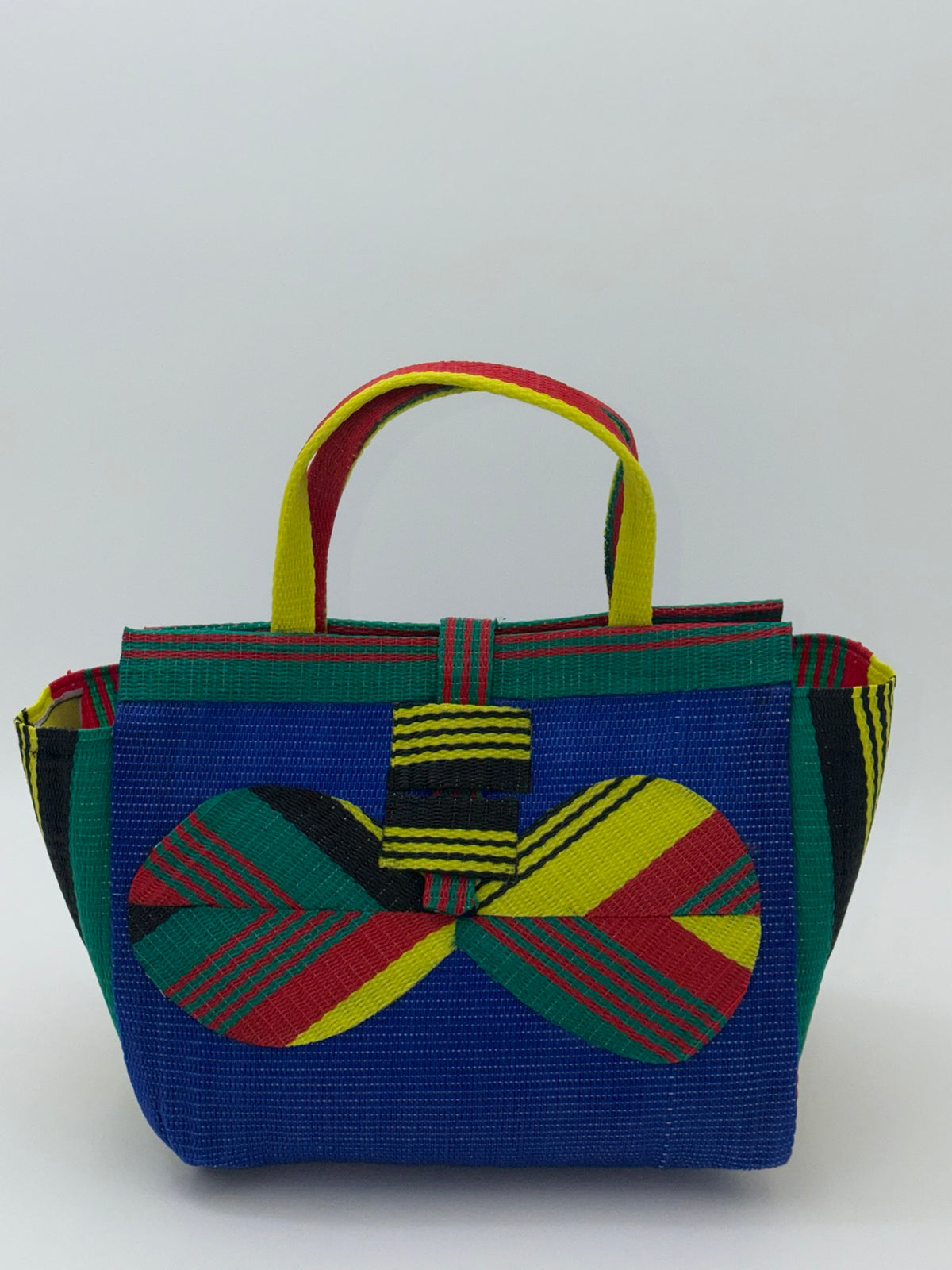 Berry Medium  handwoven tote bag by SCRUBIES in Blue,Red,Yellow,Green with Solid design and Bow accent pattern