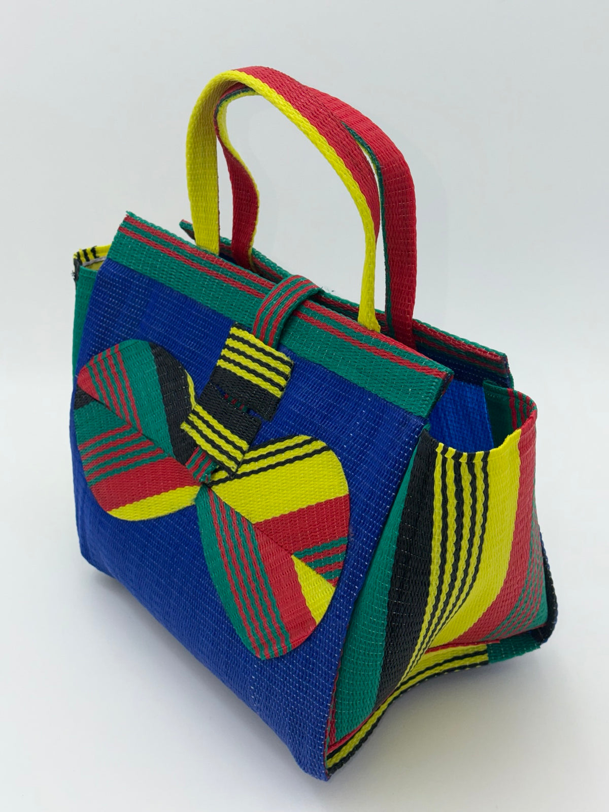 Berry Medium  handwoven tote bag by SCRUBIES in Blue,Red,Yellow,Green with Solid design and Bow accent pattern