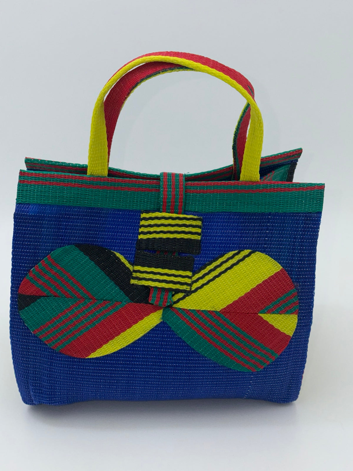 Berry Medium  handwoven tote bag by SCRUBIES in Blue,Red,Yellow,Green with Solid design and Bow accent pattern