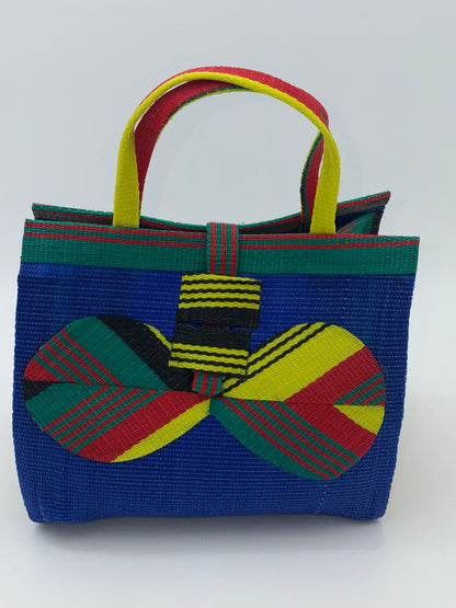 Berry Medium  handwoven tote bag by SCRUBIES in Blue,Red,Yellow,Green with Solid design and Bow accent pattern
