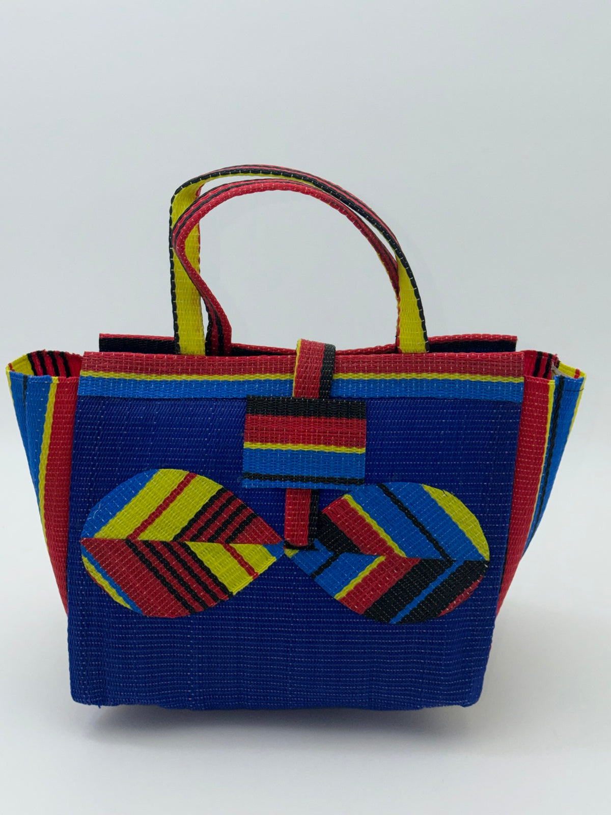 Berry Medium  handwoven tote bag by SCRUBIES in Blue,Red,Yellow,Black, with Solid design and Bow accent pattern
