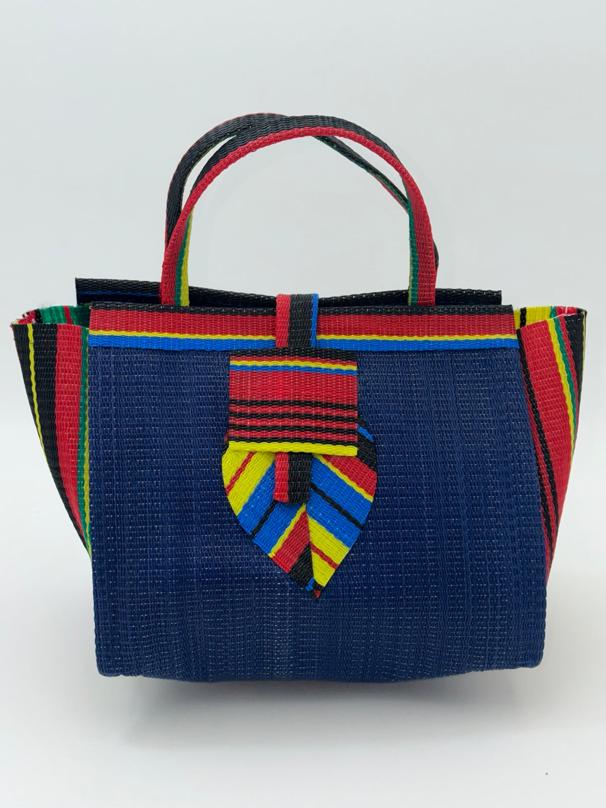 Berry Medium  handwoven tote bag by SCRUBIES in Blue,Red,Yellow,Black, with Solid design and Leaf accent pattern