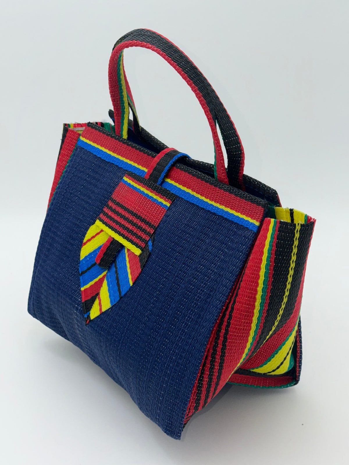 Berry Medium  handwoven tote bag by SCRUBIES in Blue,Red,Yellow,Black, with Solid design and Leaf accent pattern