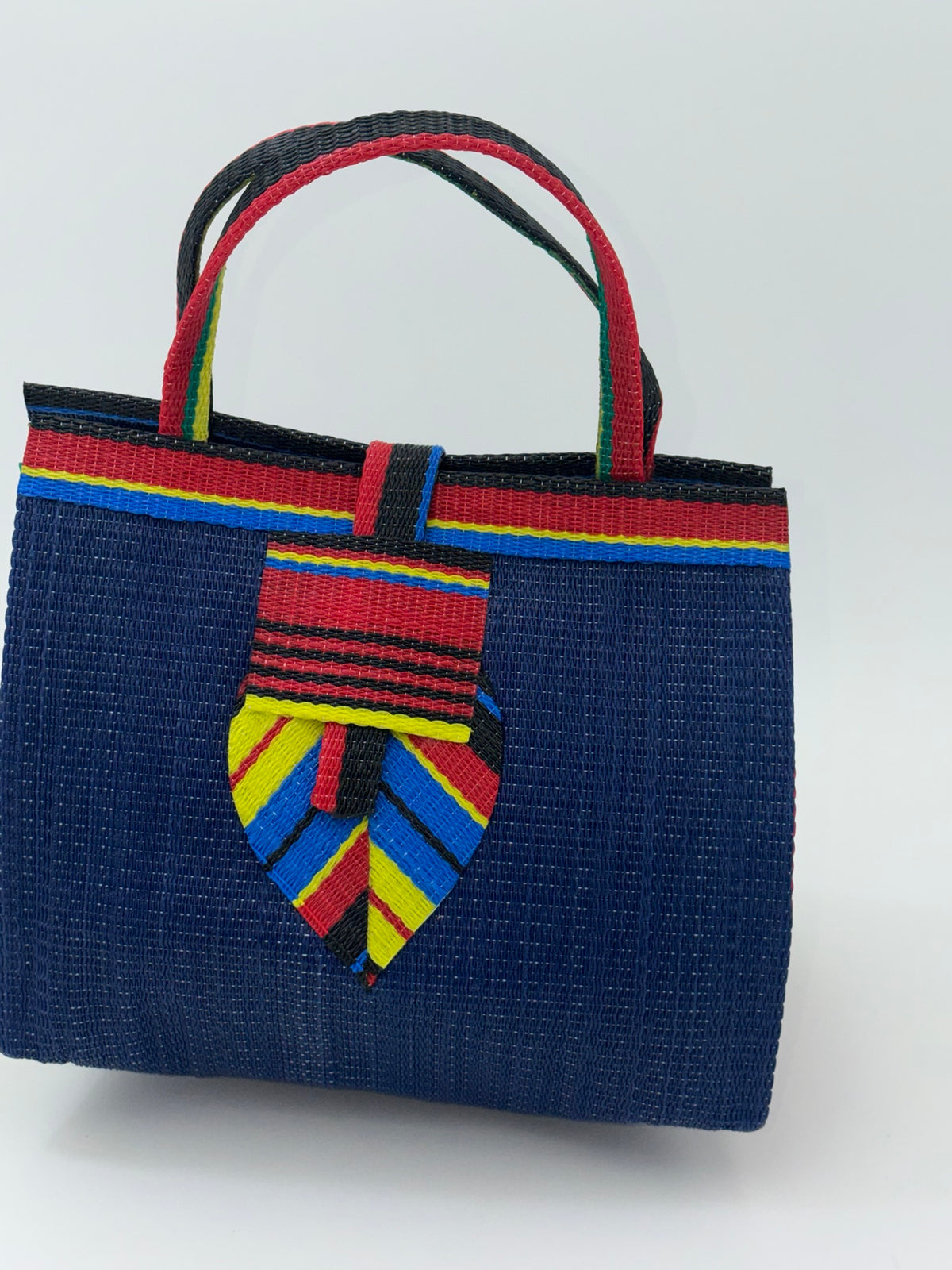 Berry Medium  handwoven tote bag by SCRUBIES in Blue,Red,Yellow,Black, with Solid design and Leaf accent pattern