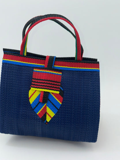 Berry Medium  handwoven tote bag by SCRUBIES in Blue,Red,Yellow,Black, with Solid design and Leaf accent pattern
