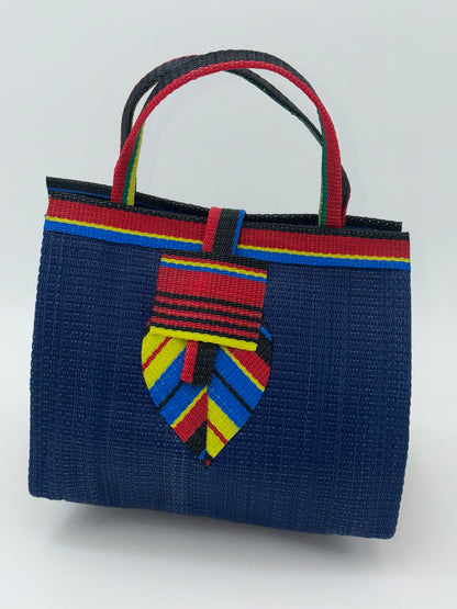 Berry Medium  handwoven tote bag by SCRUBIES in Blue,Red,Yellow,Black, with Solid design and Leaf accent pattern