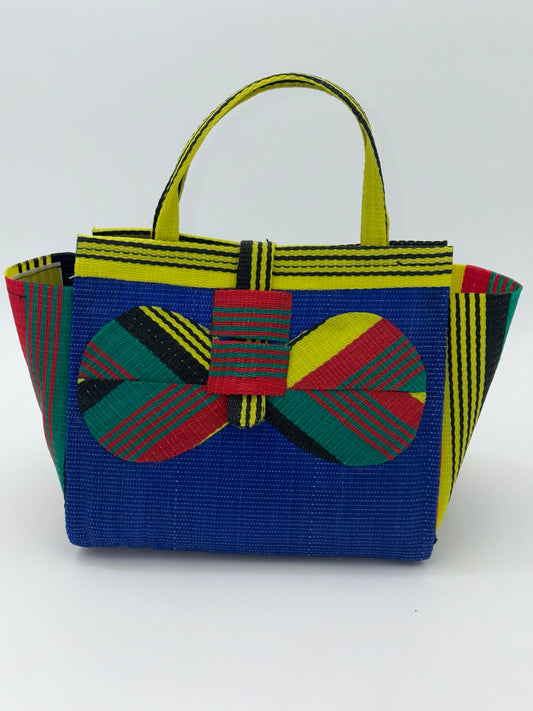 Berry Medium  handwoven tote bag by SCRUBIES in Blue,Red,Yellow,Black, with Solid design and Bow accent pattern