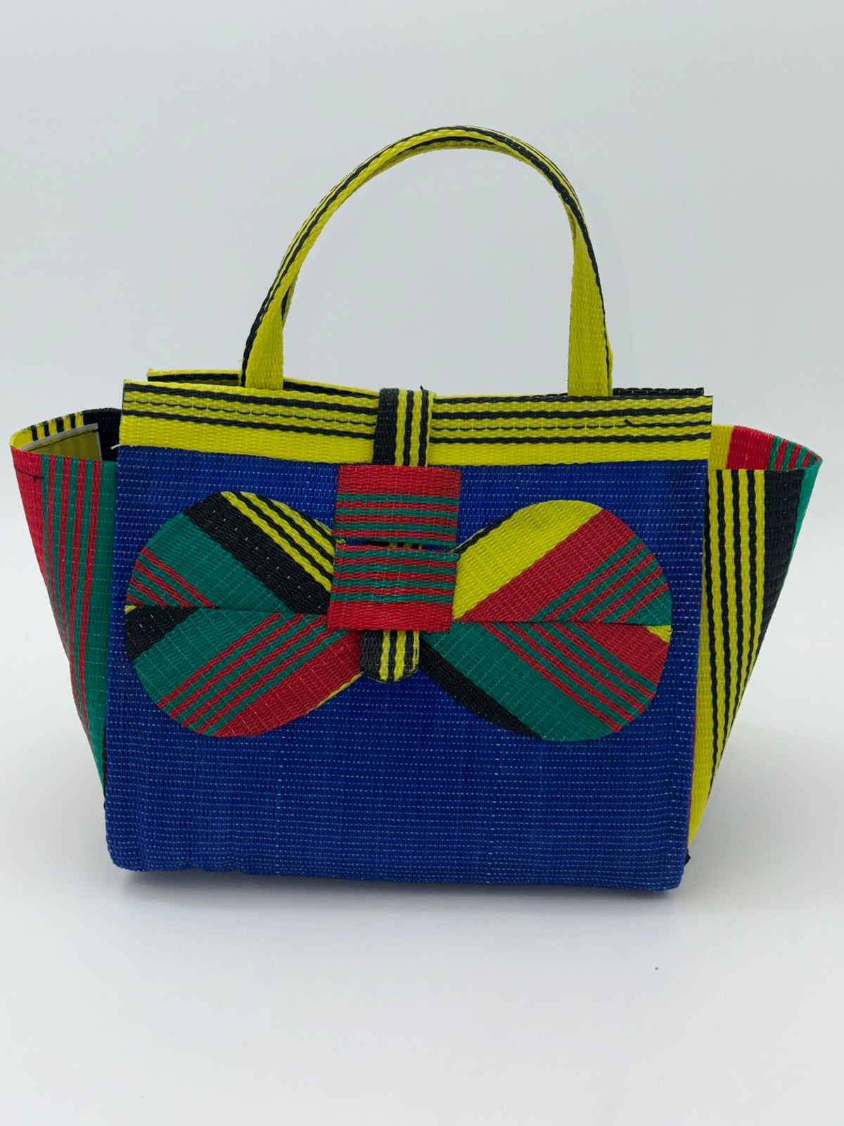 Berry Medium  handwoven tote bag by SCRUBIES in Blue,Red,Yellow,Black, with Solid design and Bow accent pattern