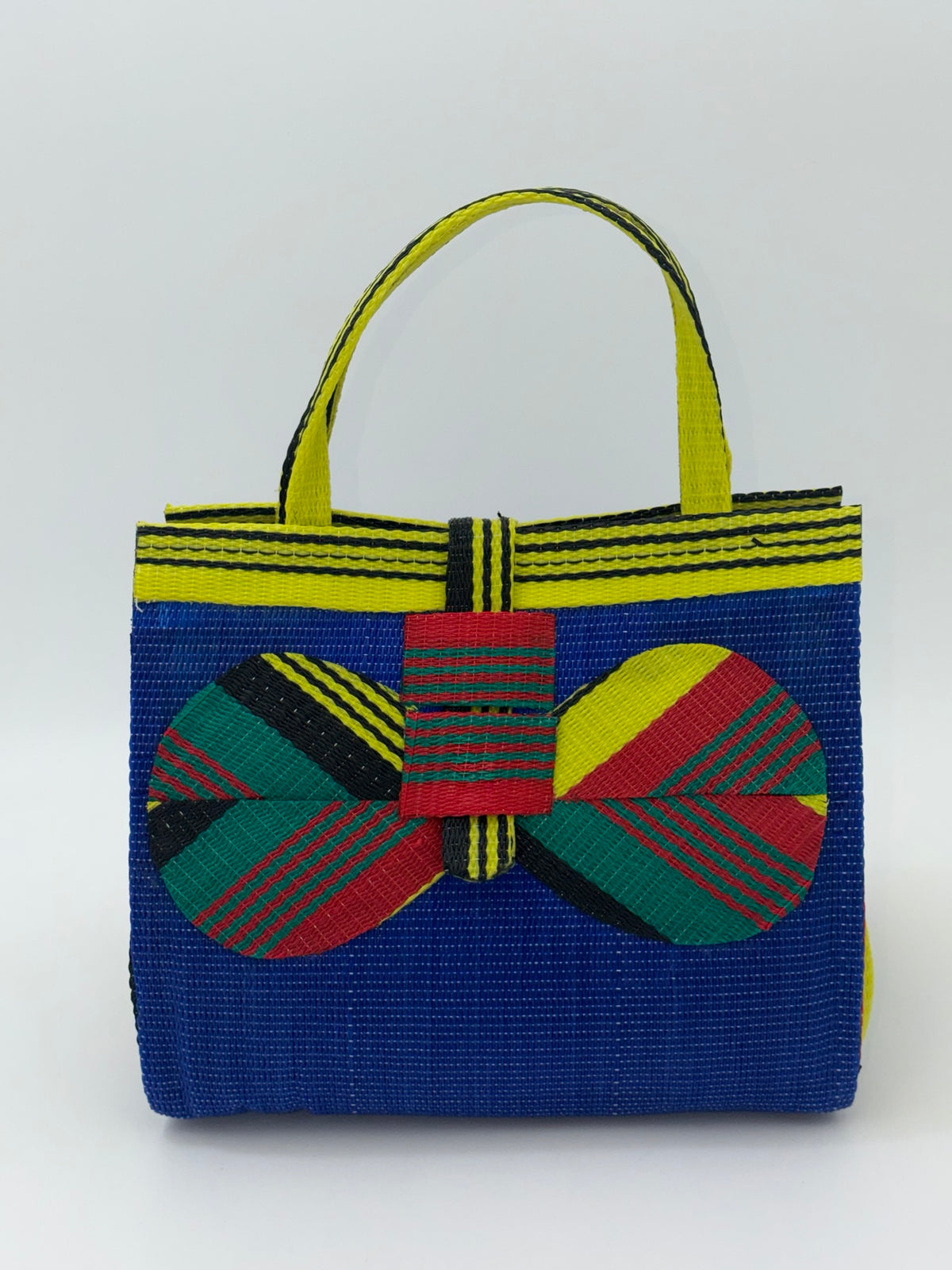 Berry Medium  handwoven tote bag by SCRUBIES in Blue,Red,Yellow,Black, with Solid design and Bow accent pattern