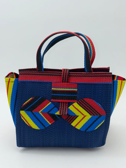 Berry Medium  handwoven tote bag by SCRUBIES in Blue,Red,Yellow,Black, with Solid design and Bow accent pattern