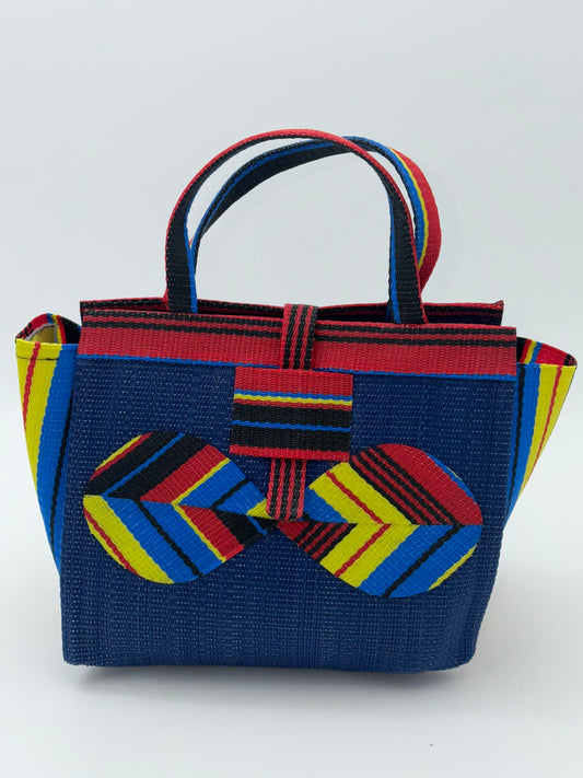 Berry Medium  handwoven tote bag by SCRUBIES in Blue,Red,Yellow,Black, with Solid design and Bow accent pattern
