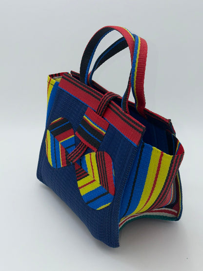 Berry Medium  handwoven tote bag by SCRUBIES in Blue,Red,Yellow,Black, with Solid design and Bow accent pattern