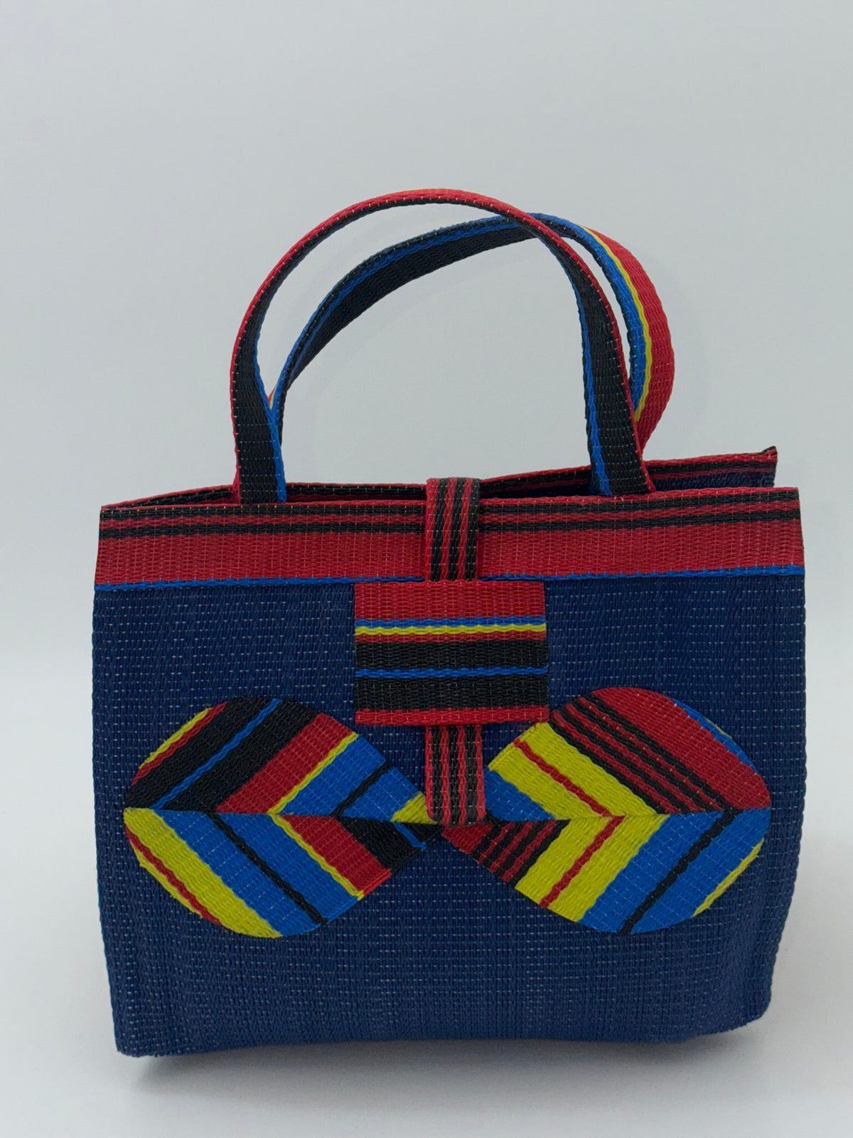 Berry Medium  handwoven tote bag by SCRUBIES in Blue,Red,Yellow,Black, with Solid design and Bow accent pattern