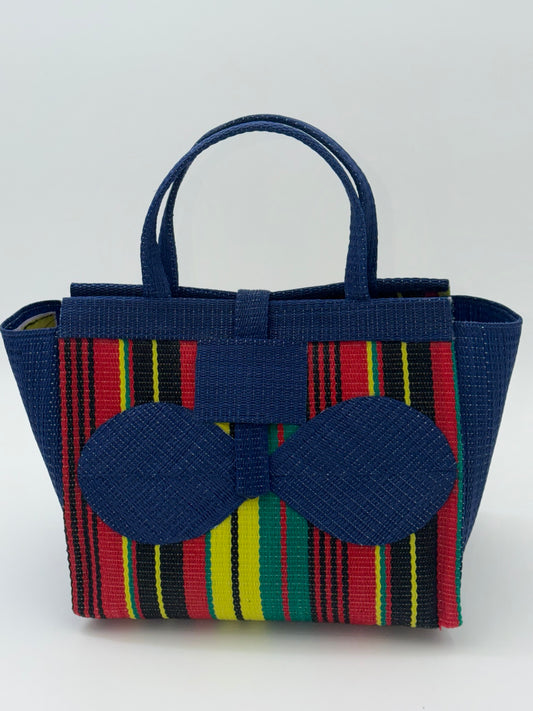 Africana Medium  handwoven tote bag by SCRUBIES in Blue,Red,Yellow,Black,Green with Stripes design and Bow accent pattern