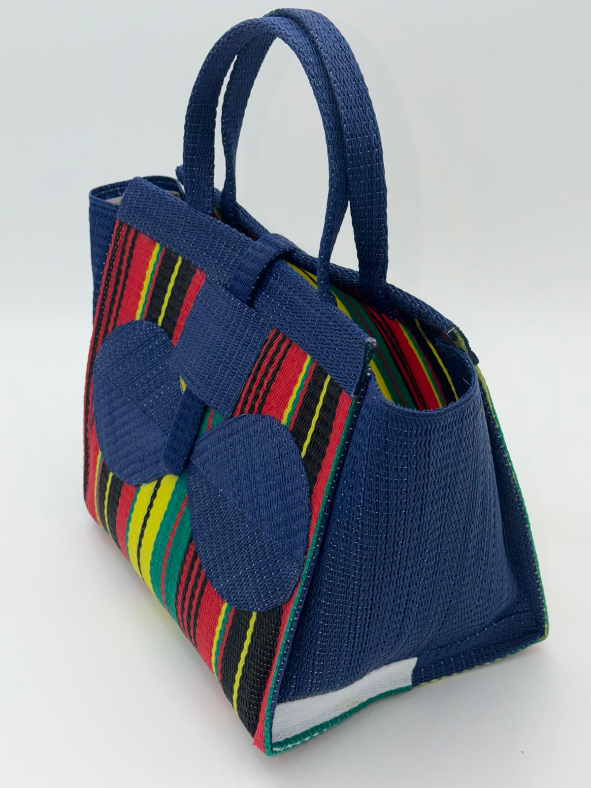 Africana Medium  handwoven tote bag by SCRUBIES in Blue,Red,Yellow,Black,Green with Stripes design and Bow accent pattern
