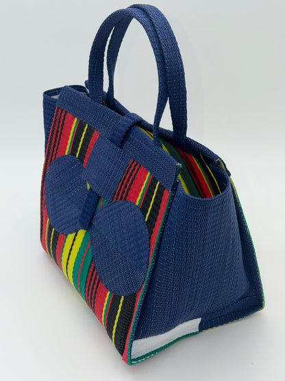 Africana Medium  handwoven tote bag by SCRUBIES in Blue,Red,Yellow,Black,Green with Stripes design and Bow accent pattern