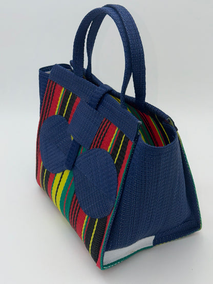 Africana Medium  handwoven tote bag by SCRUBIES in Blue,Red,Yellow,Black,Green with Stripes design and Bow accent pattern
